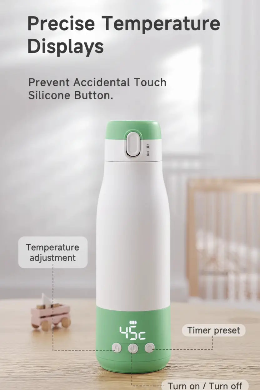 White and blue temperature-controlled portable water heater with digital display on a wooden surface.