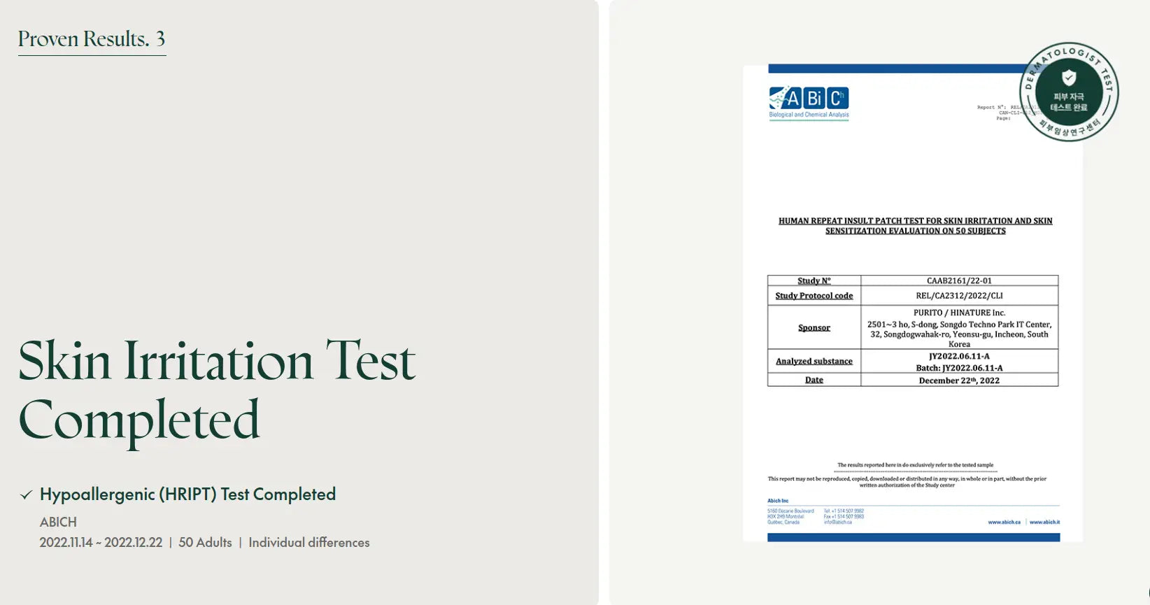 Image showing completion of skin irritation test with certification details indicating the PURITO Daily Soft Touch Sunscreen is hypoallergenic and tested on adults for safety.