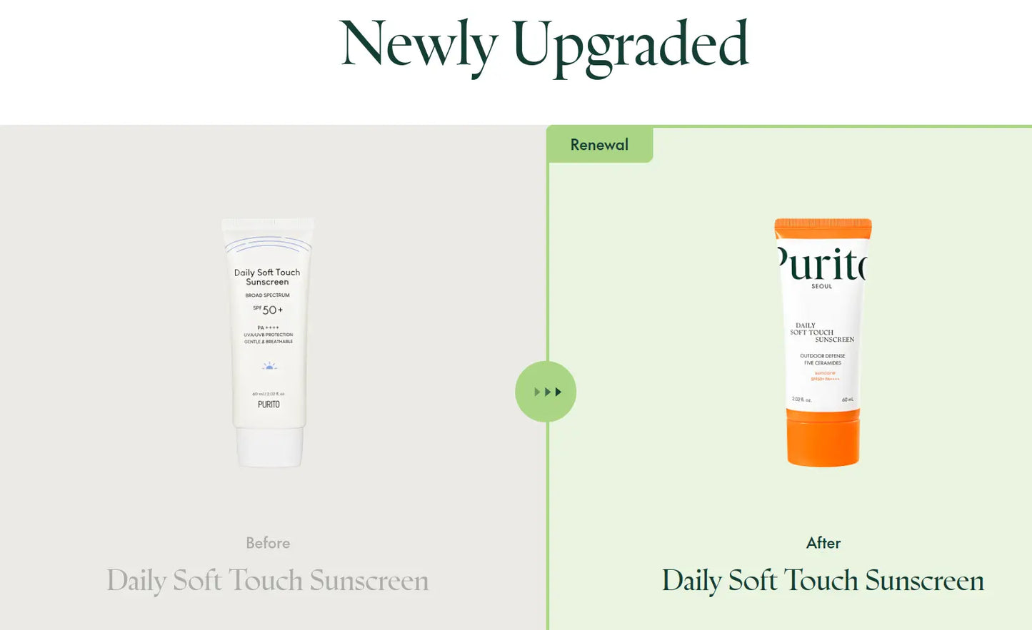 Comparison of PURITO Daily Soft Touch Sunscreen before and after upgrade, showing the original white packaging and the new design with an orange cap.
