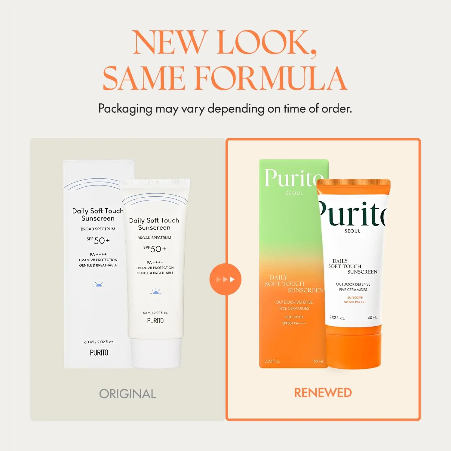 Comparison of original and renewed packaging for PURITO Daily Soft Touch Sunscreen, showing SPF 50+ broad spectrum sun protection in new orange and green design.