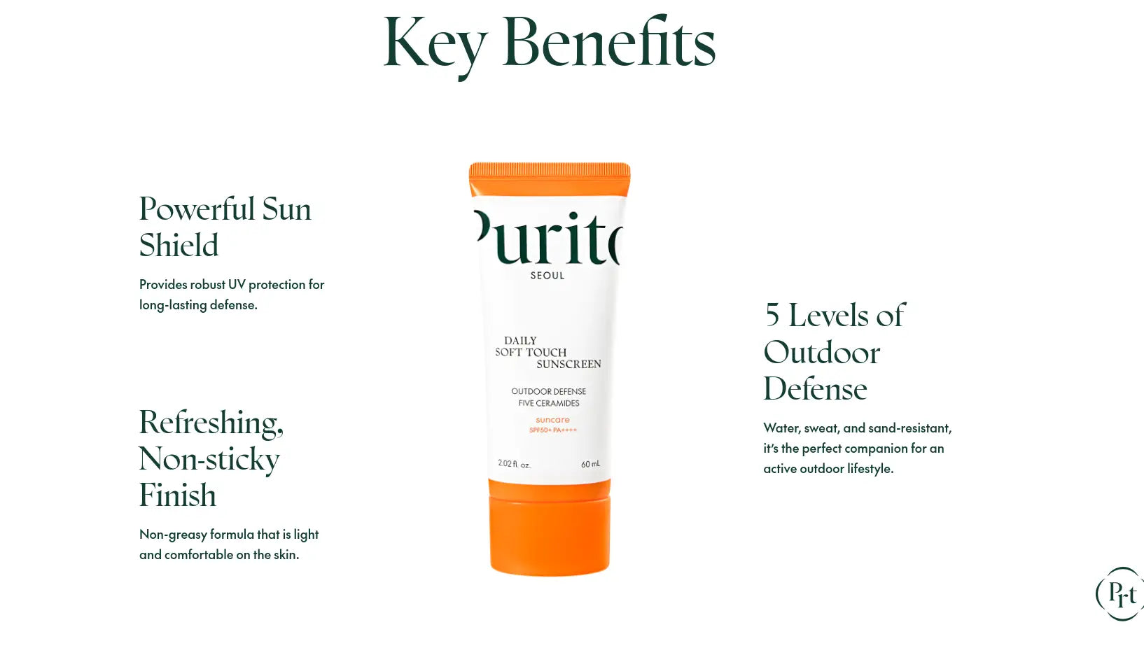 PURITO Daily Soft Touch Sunscreen tube with orange cap, highlighting its powerful sun shield, refreshing non-sticky finish, and five levels of outdoor defense for active lifestyles.