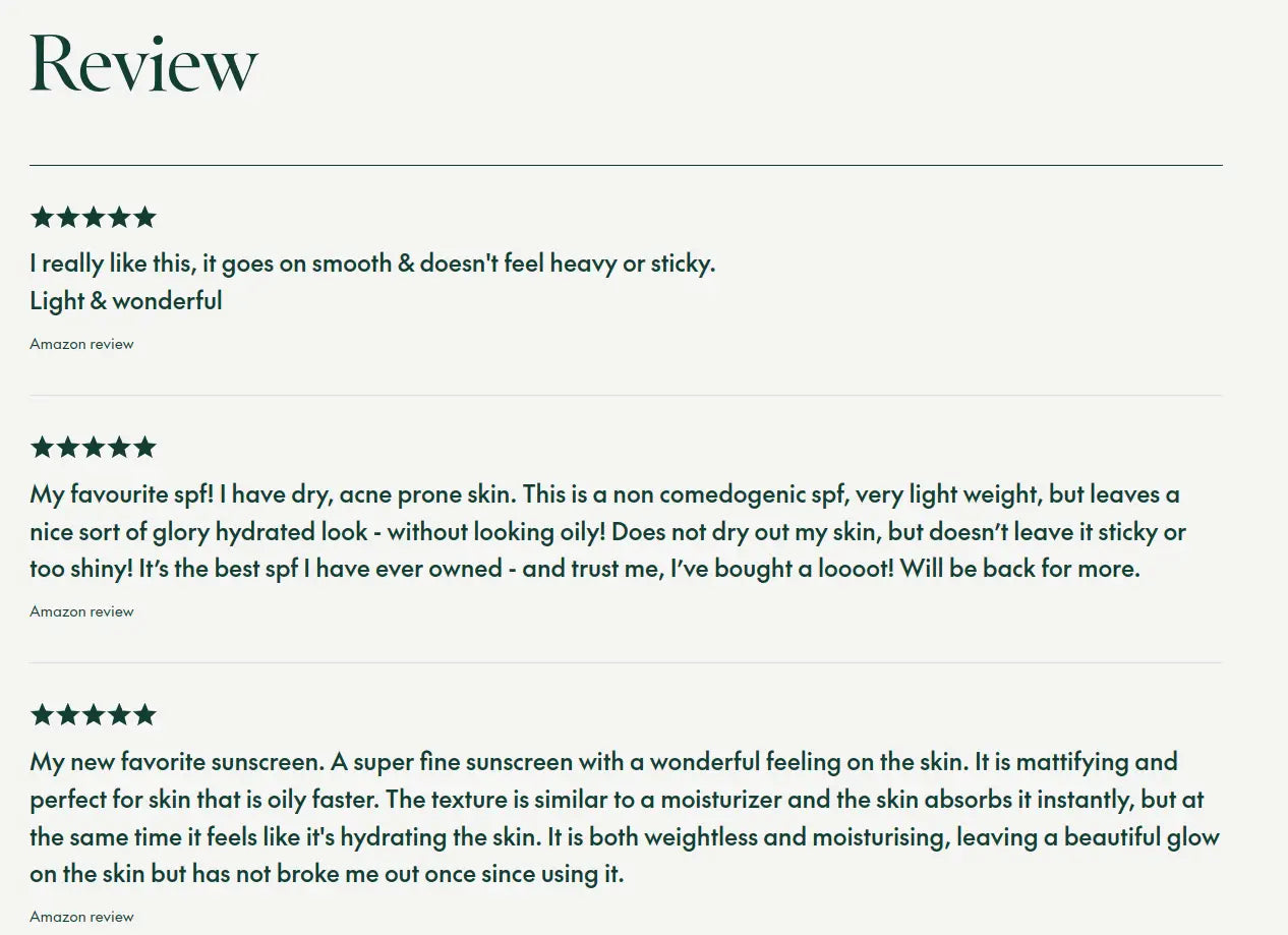 Review section showing three five-star Amazon reviews praising PURITO Daily Soft Touch Sunscreen for its smooth, lightweight, non-sticky texture, hydration, matte finish, and suitability for dry and acne-prone skin.