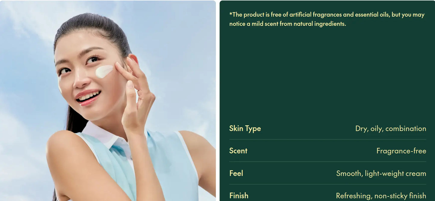 Woman applying PURITO Daily Soft Touch Sunscreen on her cheek with a smile against a clear blue sky, alongside product details highlighting fragrance-free, smooth texture, and suitability for dry, oily, and combination skin.