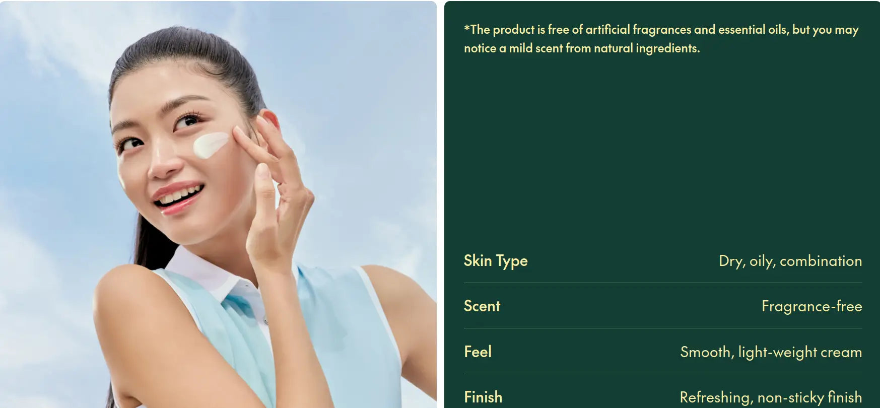 Woman applying PURITO Daily Soft Touch Sunscreen on her cheek with a smile against a clear blue sky, alongside product details highlighting fragrance-free, smooth texture, and suitability for dry, oily, and combination skin.