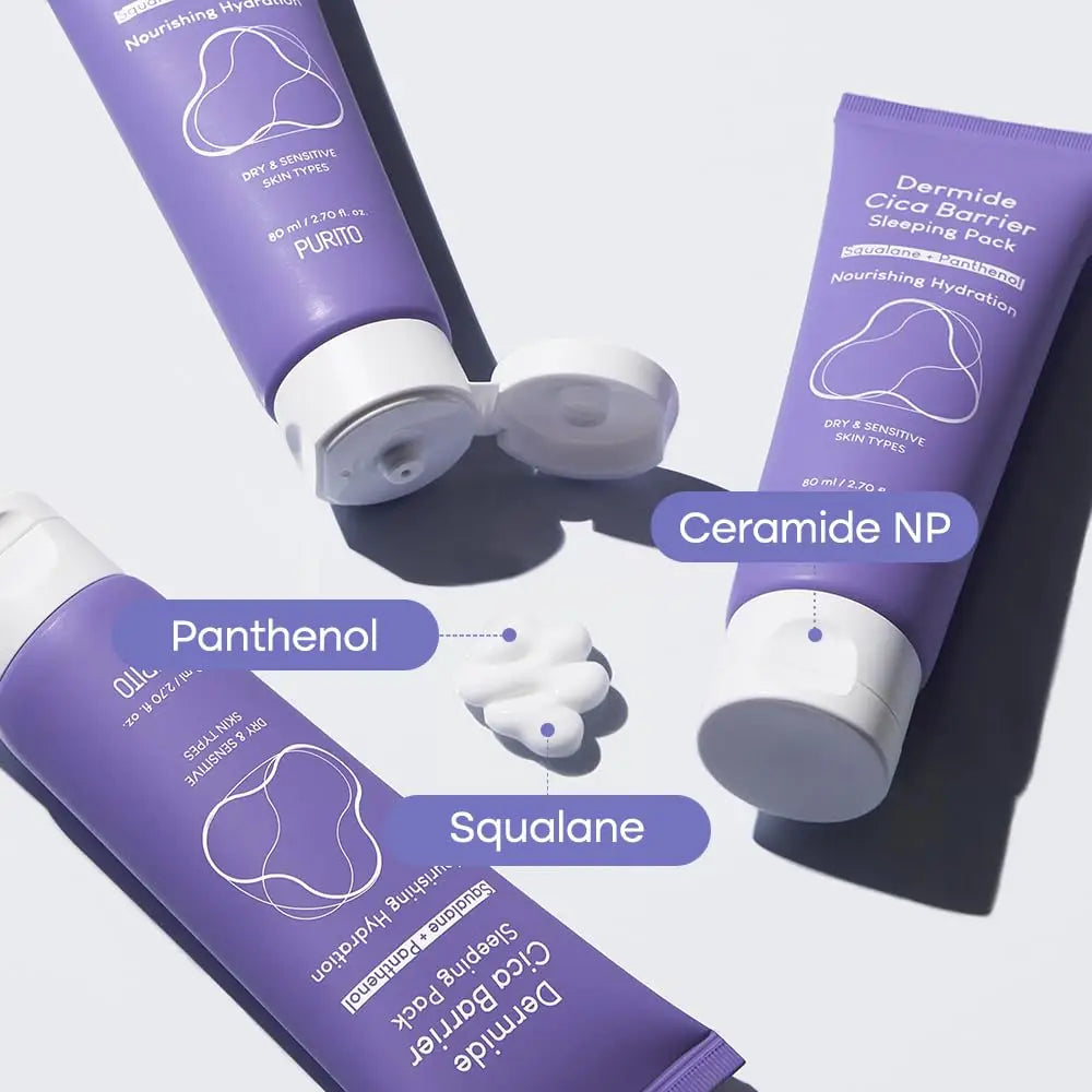 PURITO Dermide Cica Barrier Sleeping Pack 80ml tubes in purple packaging with swirls of cream labeled Panthenol, Squalane, and Ceramide NP highlighting key nourishing hydration ingredients.