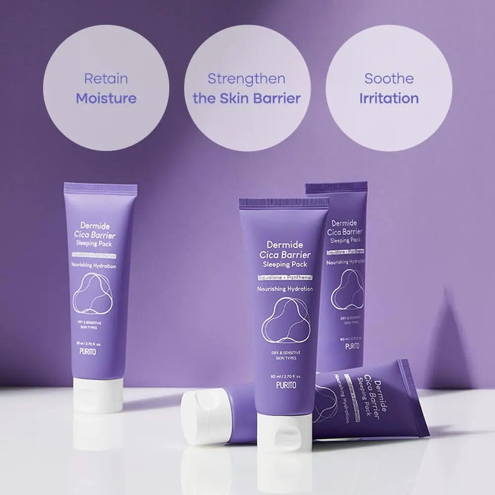 Four purple tubes of PURITO Dermide Cica Barrier Sleeping Pack 80ml against a purple background with text highlighting its benefits to retain moisture, strengthen the skin barrier, and soothe irritation.