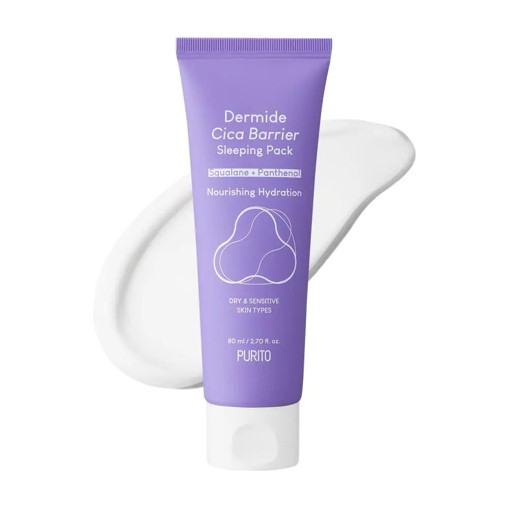 Tube of PURITO Dermide Cica Barrier Sleeping Pack 80ml in light purple packaging with white cap, placed on a white creamy texture background.
