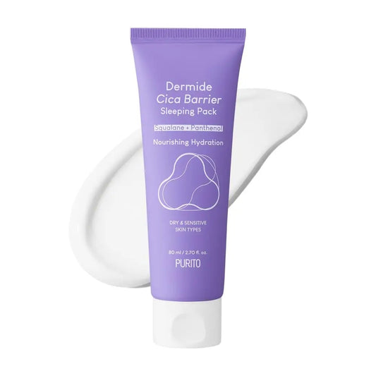 Tube of PURITO Dermide Cica Barrier Sleeping Pack 80ml in light purple packaging with white cap, placed on a white creamy texture background.