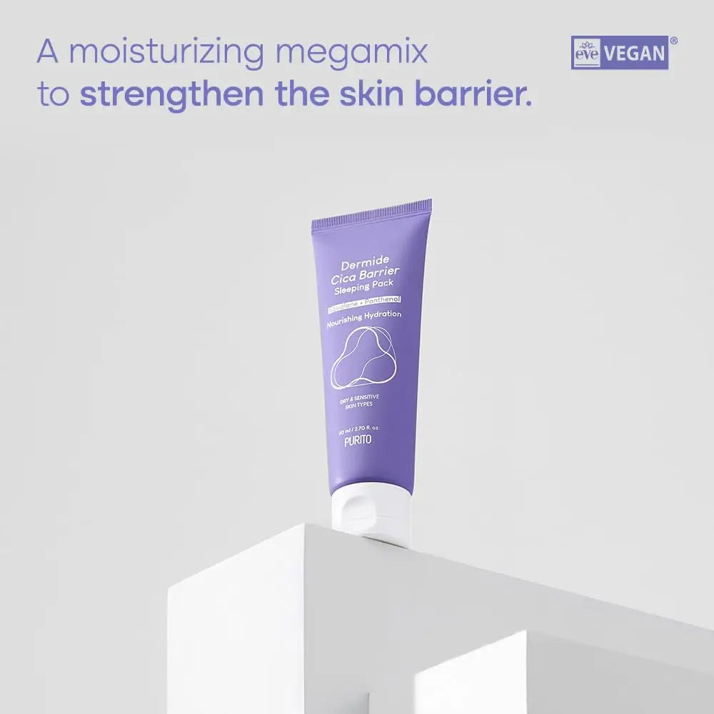 PURITO Dermide Cica Barrier Sleeping Pack 80ml in purple tube standing on white geometric pedestal with text highlighting moisturizing hydration and skin barrier strengthening, vegan certified.