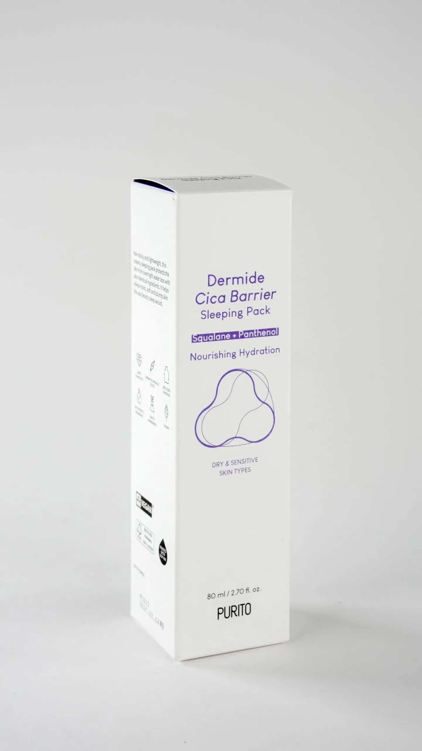 Box packaging of PURITO Dermide Cica Barrier Sleeping Pack 80ml featuring nourishing hydration formula with squalane and panthenol for dry and sensitive skin types