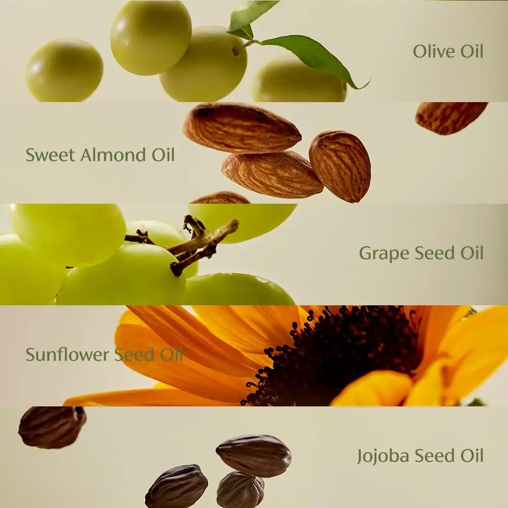 Close-up of olive, sweet almond, grape, sunflower seed, and jojoba seed oils illustrated with corresponding natural ingredients labeled, highlighting PURITO From Green Cleansing Oil 200ml.