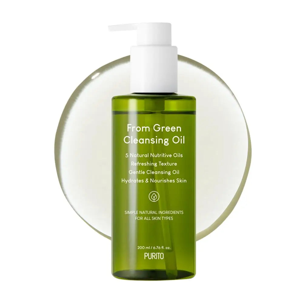 PURITO From Green Cleansing Oil 200ml in a green pump bottle with clear oil background, highlighting its gentle cleansing and hydrating formula for all skin types.