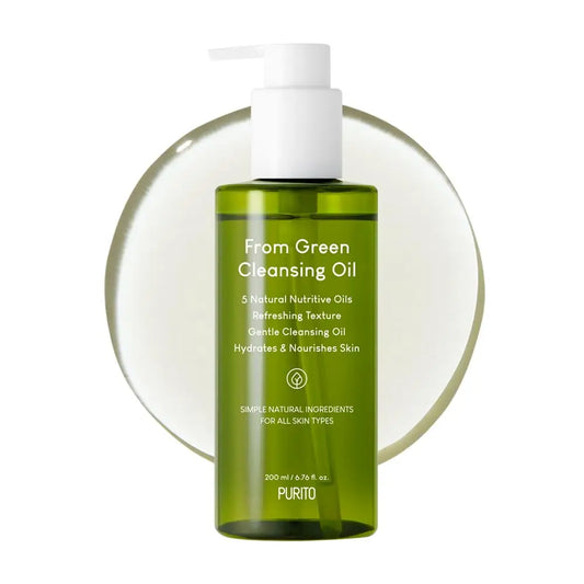 PURITO From Green Cleansing Oil 200ml in a green pump bottle with clear oil background, highlighting its gentle cleansing and hydrating formula for all skin types.
