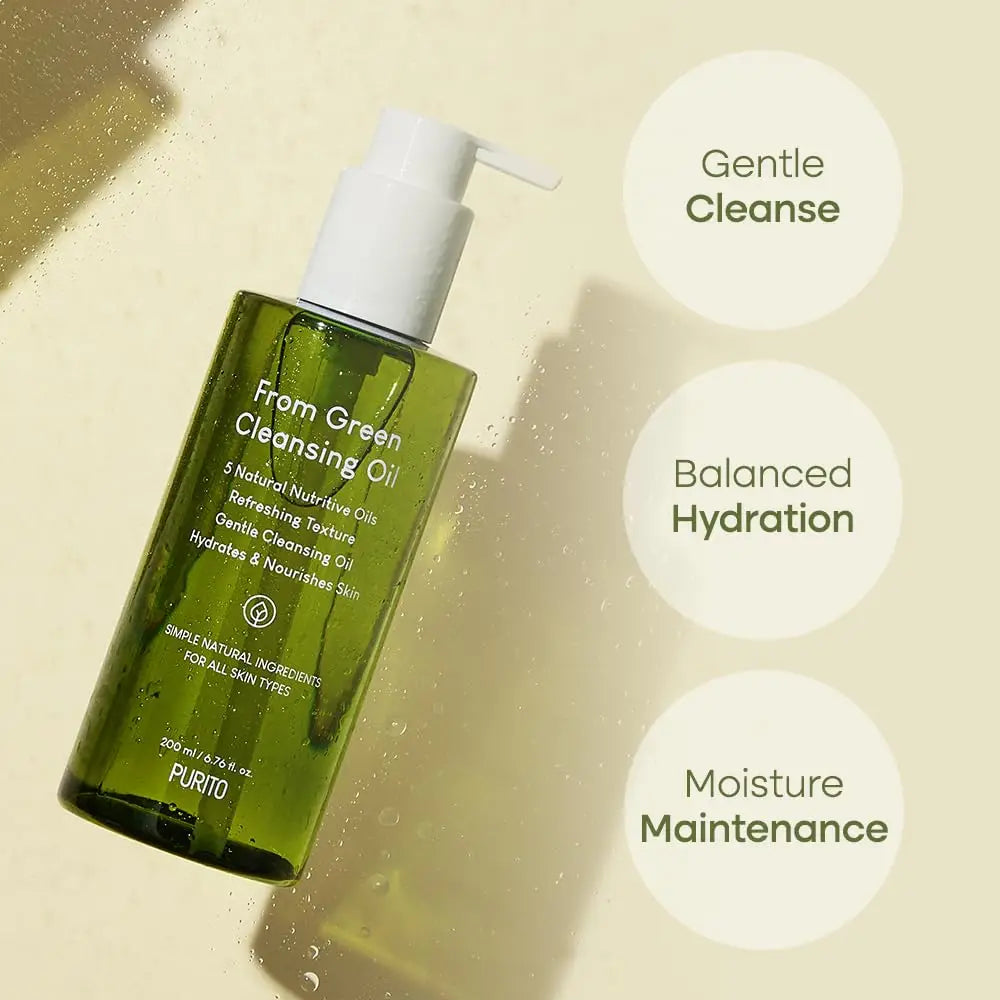 PURITO From Green Cleansing Oil 200ml in a green bottle with white pump dispenser, highlighting gentle cleanse, balanced hydration, and moisture maintenance benefits for skin.