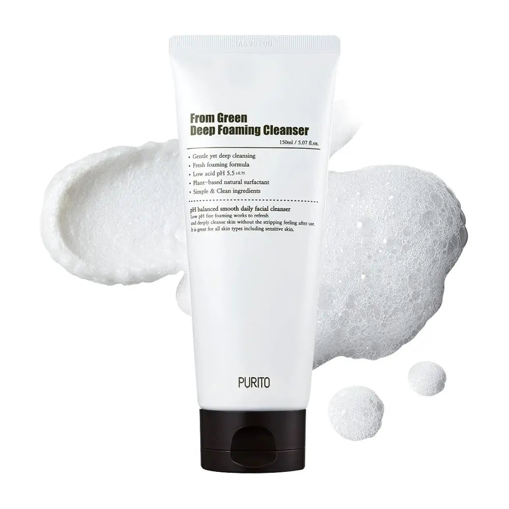 Tube of PURITO From Green Deep Foaming Cleanser 150ml with visible foamy cleanser texture for gentle daily facial cleansing and moisturizing skin effect.