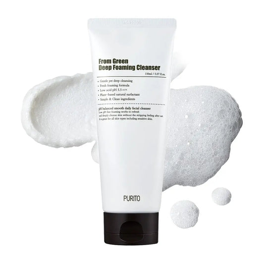 Tube of PURITO From Green Deep Foaming Cleanser 150ml with visible foamy cleanser texture for gentle daily facial cleansing and moisturizing skin effect.