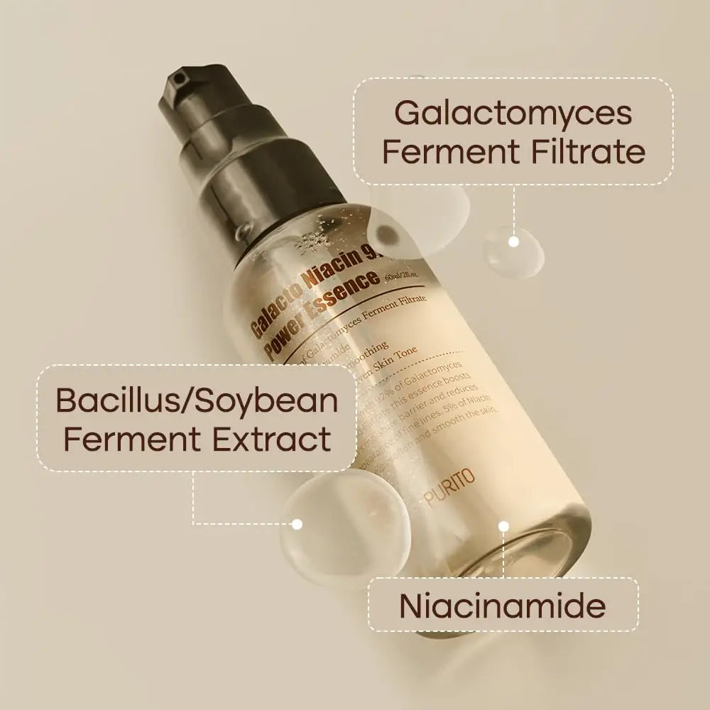 PURITO Galacto Niacin 97 Power Essence 60ml bottle with highlighted ingredients including Galactomyces ferment filtrate, Bacillus soybean ferment extract, and niacinamide for skin brightening and soothing benefits.