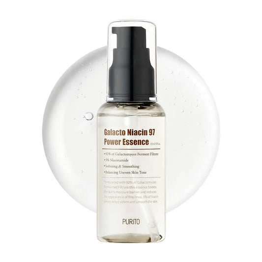 PURITO Galacto Niacin 97 Power Essence 60ml bottle with clear liquid and black pump dispenser, shown with a translucent, hydrated skin texture background.