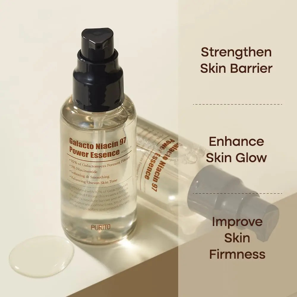 PURITO Galacto Niacin 97 Power Essence 60ml bottle with pump dispenser and clear liquid drop beside it, highlighting benefits to strengthen skin barrier, enhance skin glow, and improve skin firmness.