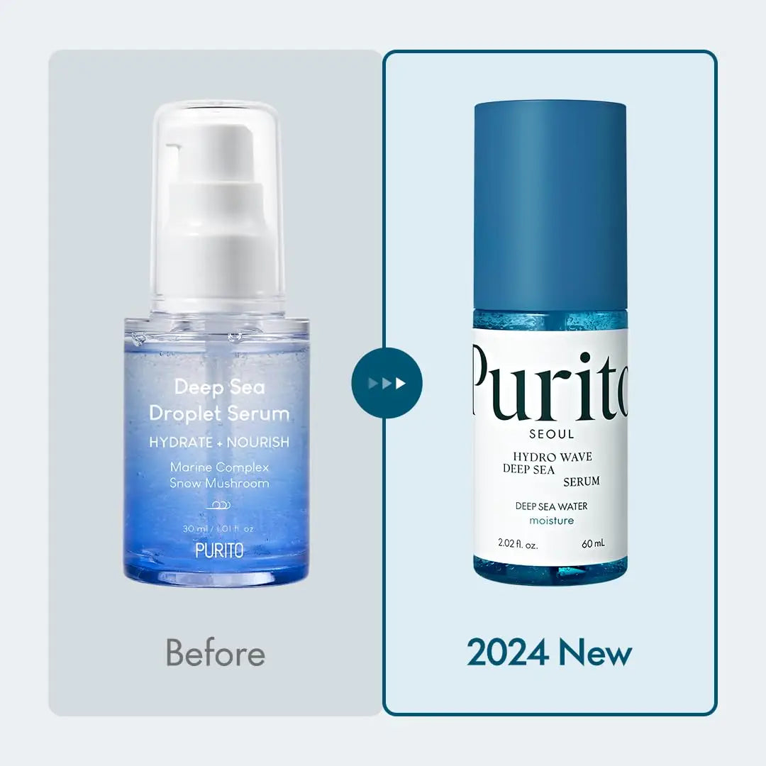 Comparison of PURITO Hydro Wave Deep Sea Serum 60 ml showing the old Deep Sea Droplet Serum bottle on the left and the new 2024 packaging on the right with blue and white design.
