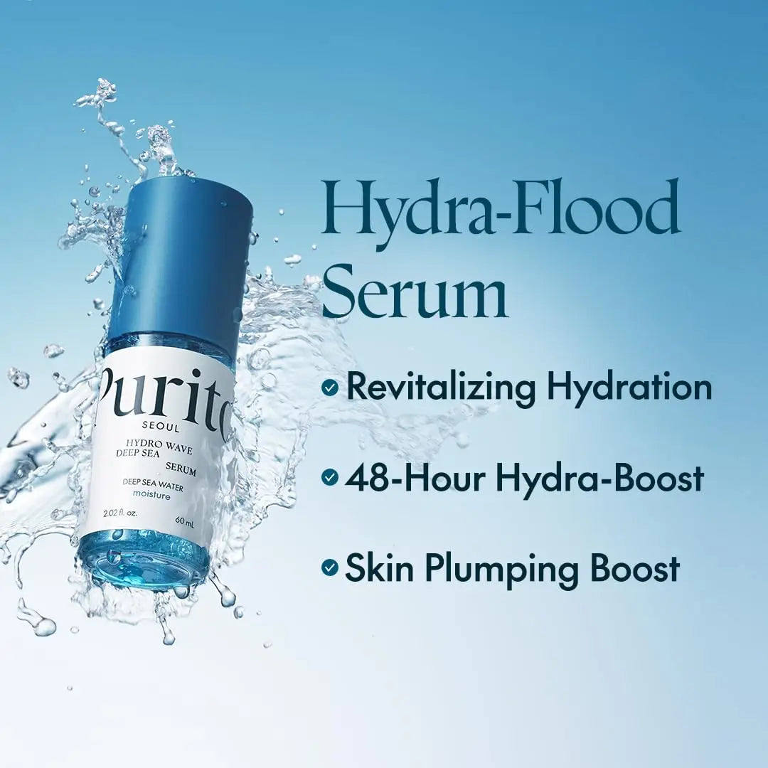 PURITO Hydro Wave Deep Sea Serum 60 ml bottle splashing in water with text highlighting revitalizing hydration, 48-hour hydra-boost, and skin plumping benefits on blue background