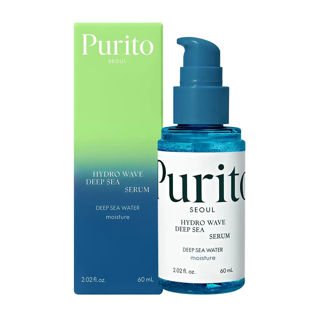 PURITO Hydro Wave Deep Sea Serum 60 ml in a blue pump bottle with matching box featuring green to navy gradient, designed for deep sea water moisture and hydration.