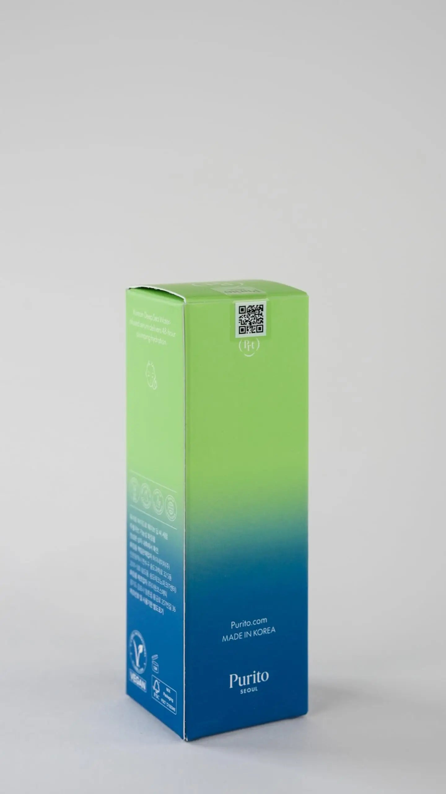 Green and blue gradient box packaging for PURITO Hydro Wave Deep Sea Serum 60 ml with Korean text and brand logo on a neutral background.