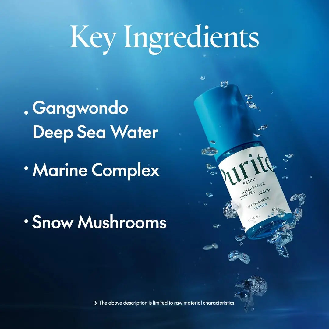 PURITO Hydro Wave Deep Sea Serum 60 ml bottle floating underwater with key ingredients listed: Gangwondo Deep Sea Water, Marine Complex, and Snow Mushrooms on a blue background.