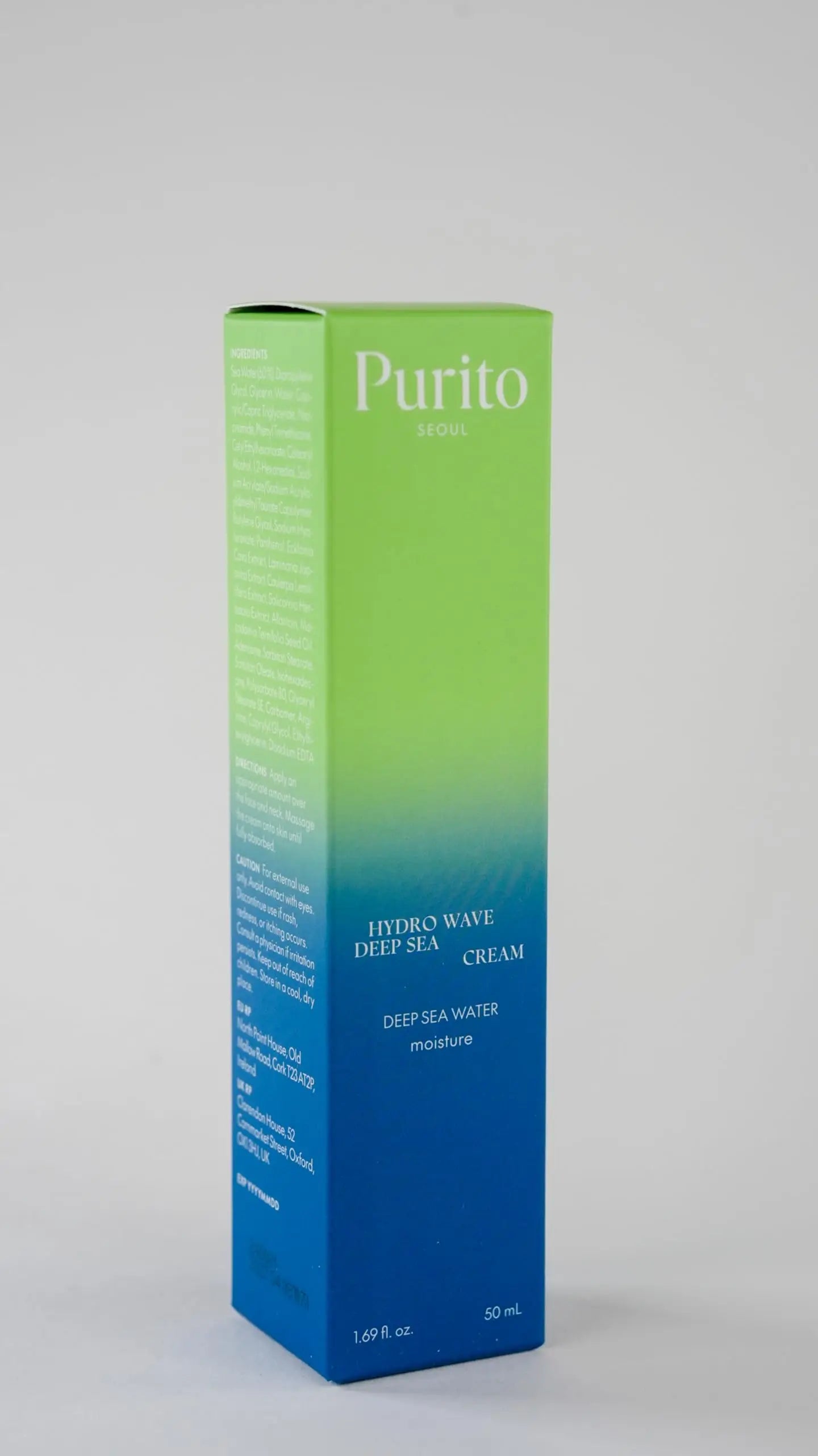 PURITO HydroWave Deep Sea Cream 50ml in a green and blue gradient box highlighting deep sea water moisture for facial skincare.