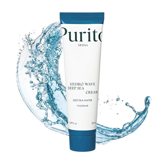 PURITO HydroWave Deep Sea Cream 50ml tube with deep sea water splash background, highlighting moisture and hydration for facial care.