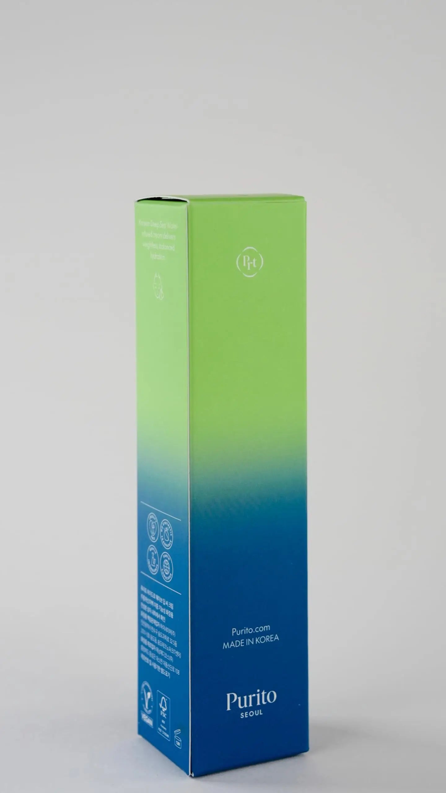 Packaging box with a green to blue gradient design for PURITO HydroWave Deep Sea Cream 50ml, featuring branding and product information.