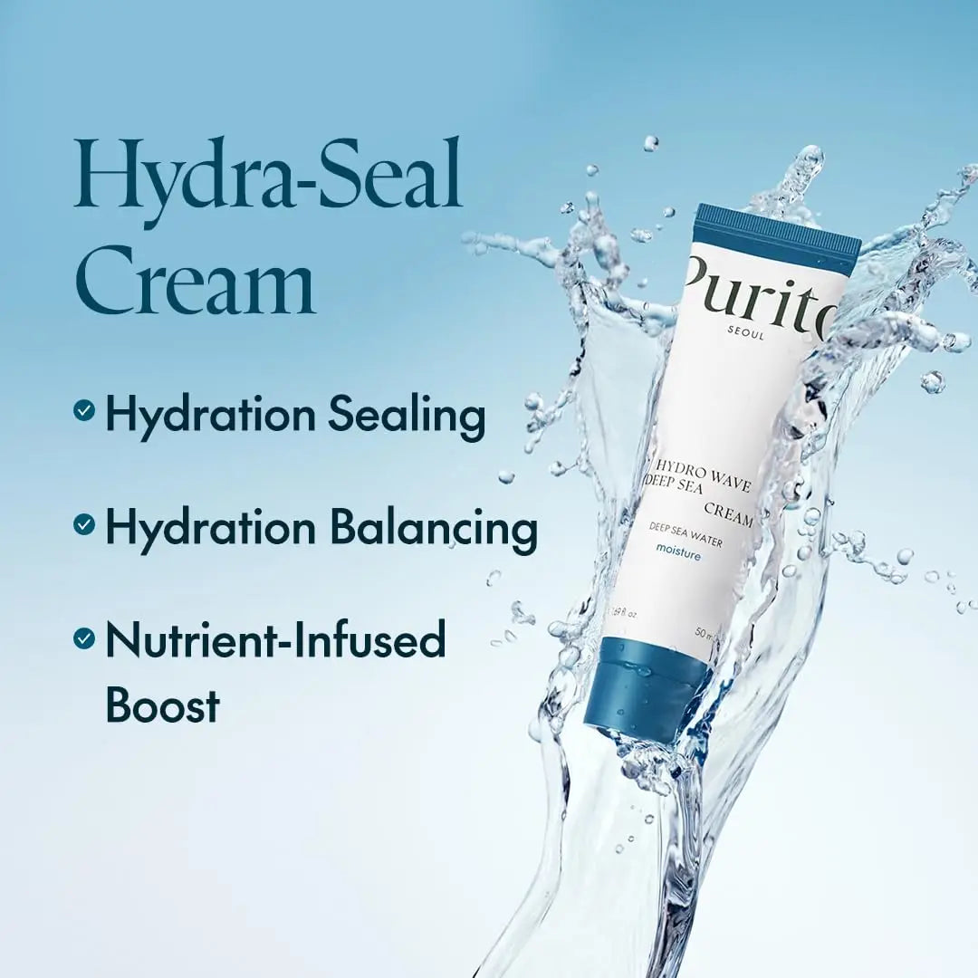 PURITO HydroWave Deep Sea Cream 50ml tube surrounded by splashing water with text highlighting hydration sealing, hydration balancing, and nutrient-infused boost.