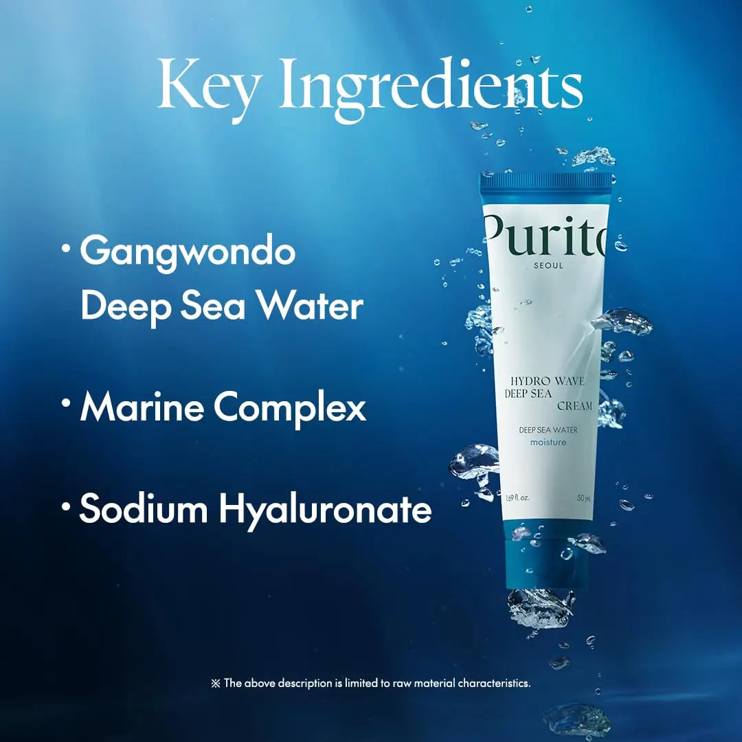 Tube of PURITO HydroWave Deep Sea Cream 50ml floating underwater with bubbles, highlighting key ingredients Gangwondo deep sea water, marine complex, and sodium hyaluronate.