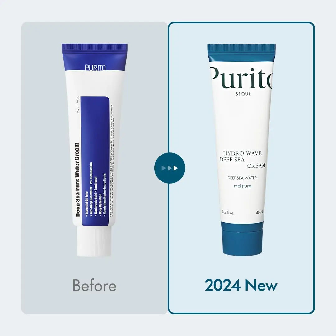 Comparison of PURITO HydroWave Deep Sea Cream 50ml packaging before and after redesign, featuring a modern white and blue tube with updated branding.