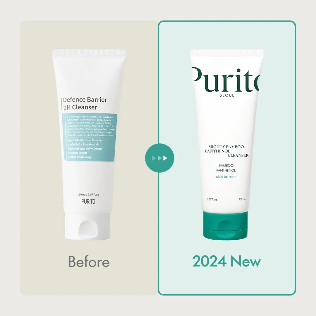 Comparison image showing the PURITO Mighty Bamboo Panthenol Cleanser 150ml with updated packaging design labeled "2024 New" on the right and the previous packaging on the left with "Before" text.