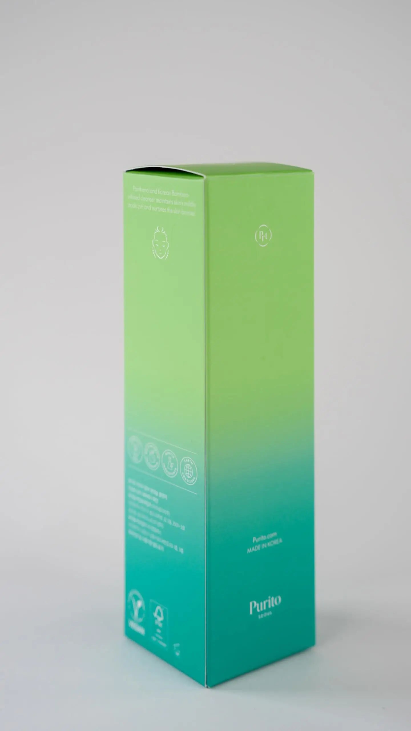 Packaging box of PURITO Mighty Bamboo Panthenol Cleanser 150ml with a gradient green to teal design and minimal white text on a plain background.