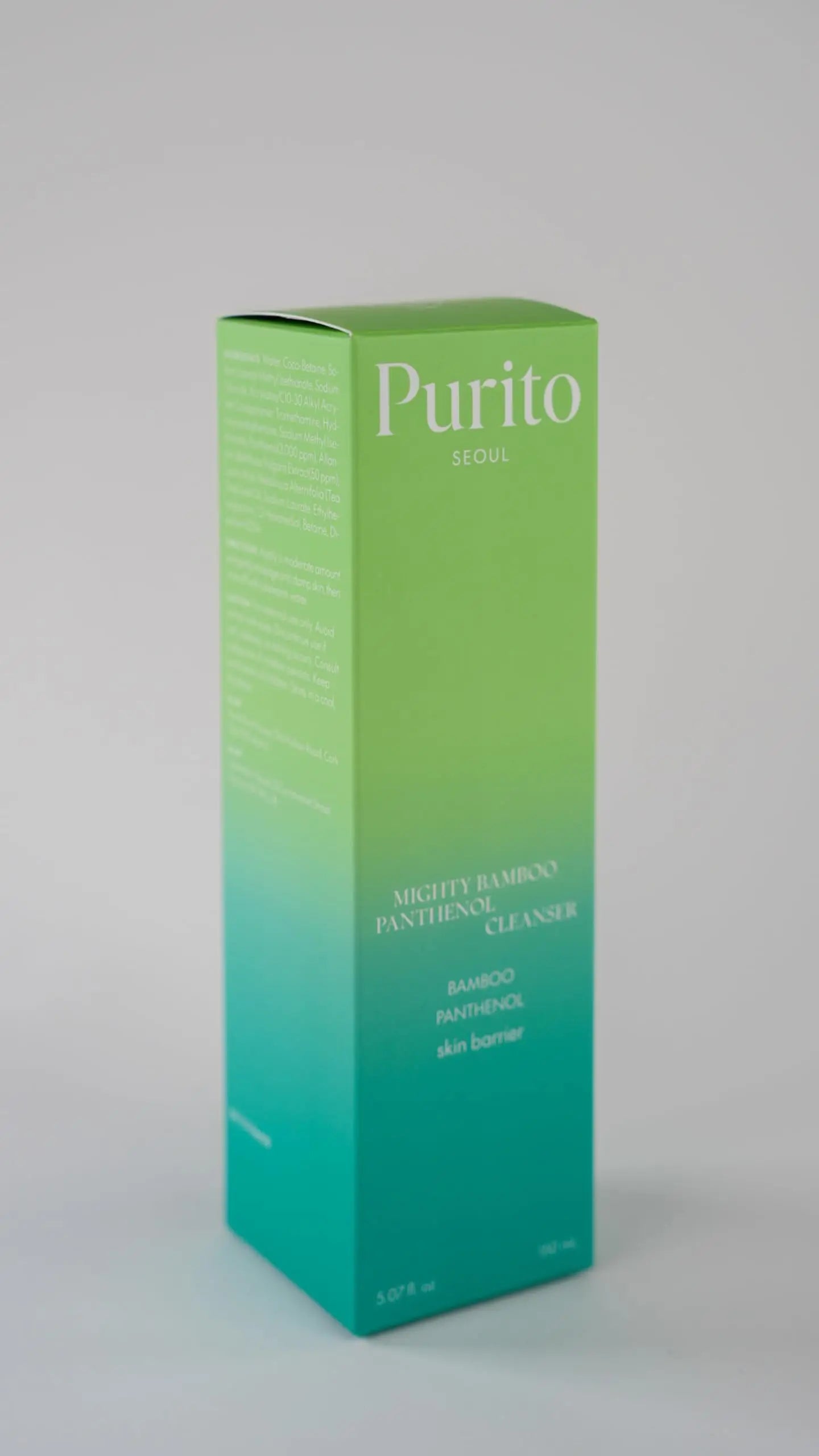 Green to teal gradient box packaging of PURITO Mighty Bamboo Panthenol Cleanser 150ml with product details and branding on a plain light background.