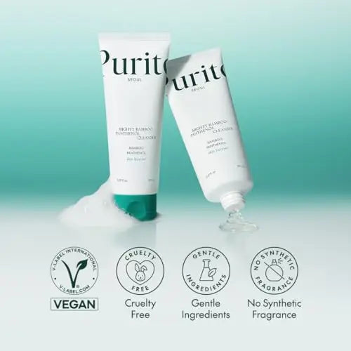 Two tubes of PURITO Mighty Bamboo Panthenol Cleanser 150ml with cleanser gel and foam, highlighting vegan, cruelty-free, gentle ingredients, and no synthetic fragrance.