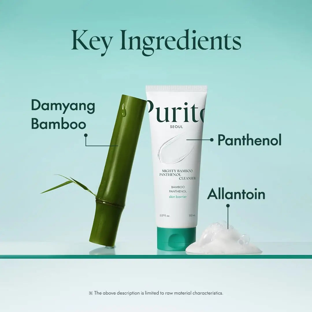 PURITO Mighty Bamboo Panthenol Cleanser 150ml displayed with key ingredients Damyang bamboo, panthenol, and allantoin for gentle, soothing facial cleansing.
