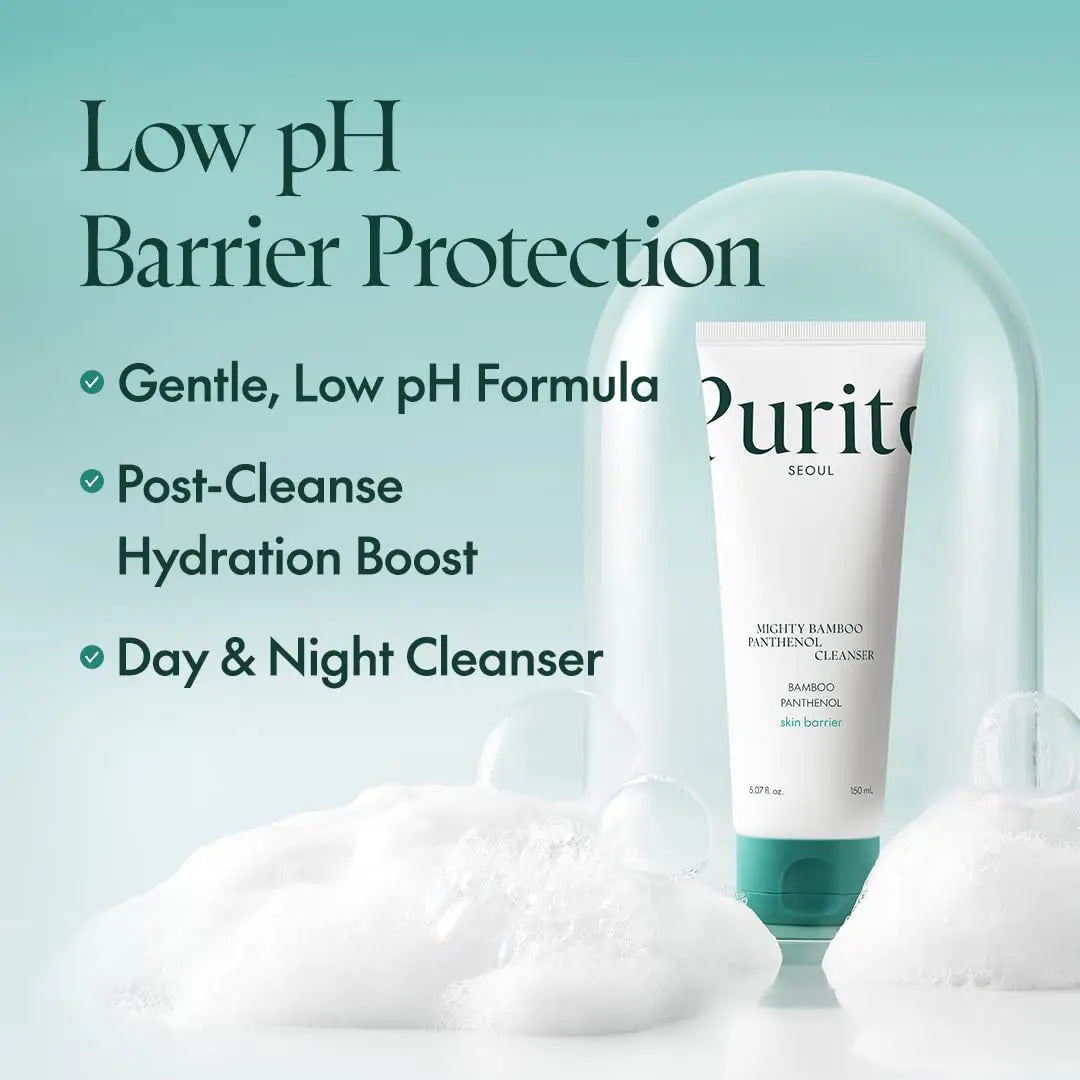 Tube of PURITO Mighty Bamboo Panthenol Cleanser 150ml displayed with foam and text highlighting its gentle, low pH formula, hydration boost, and suitability for day and night cleansing.