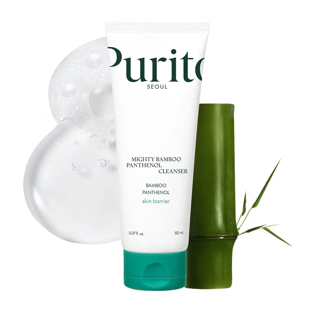 Tube of PURITO Mighty Bamboo Panthenol Cleanser 150ml with clear cleansing foam and fresh green bamboo stalk on white background, emphasizing gentle skincare benefits.