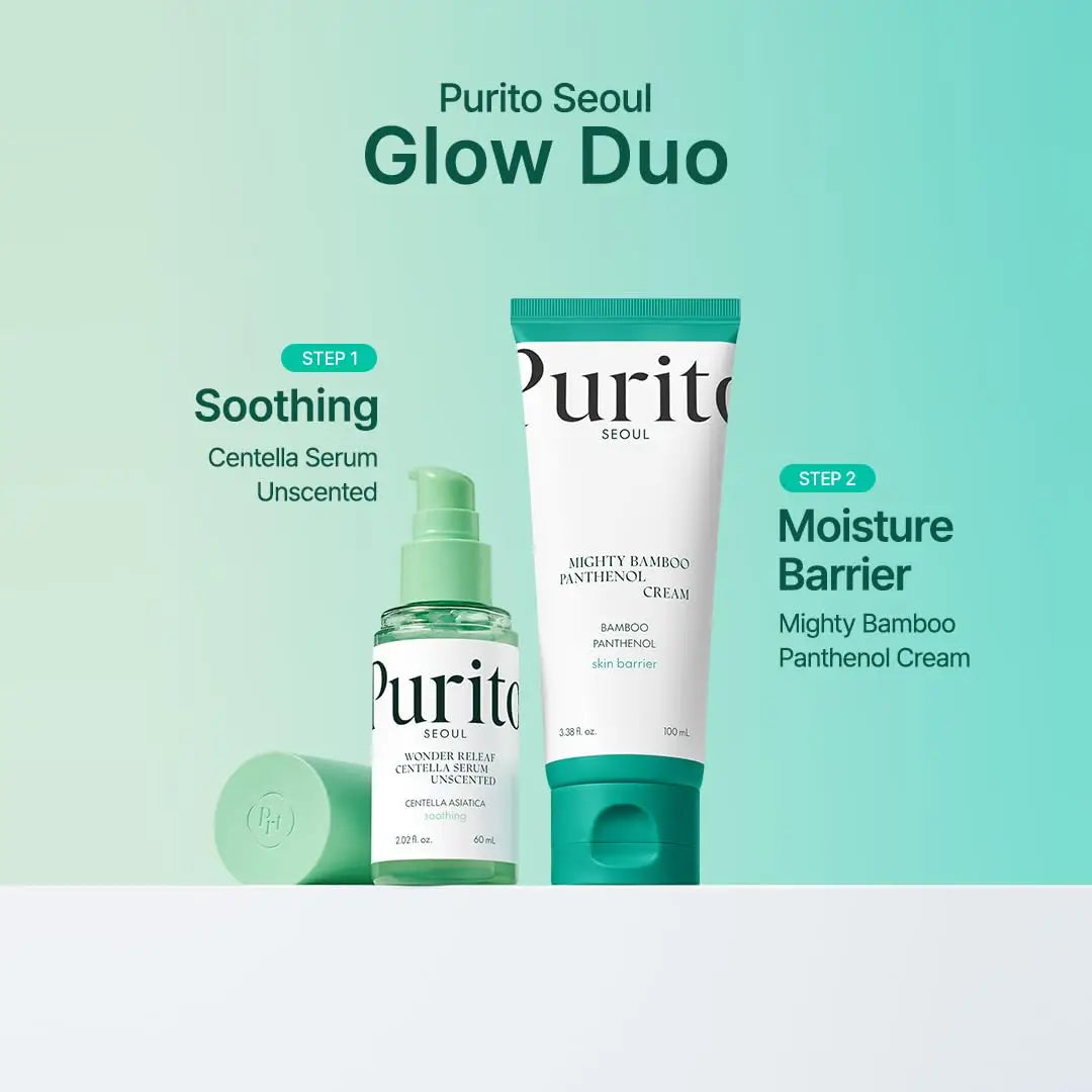 PURITO Mighty Bamboo Panthenol Cream 100ml tube alongside a matching Centella Serum bottle, promoting a two-step soothing and moisture barrier skincare routine.