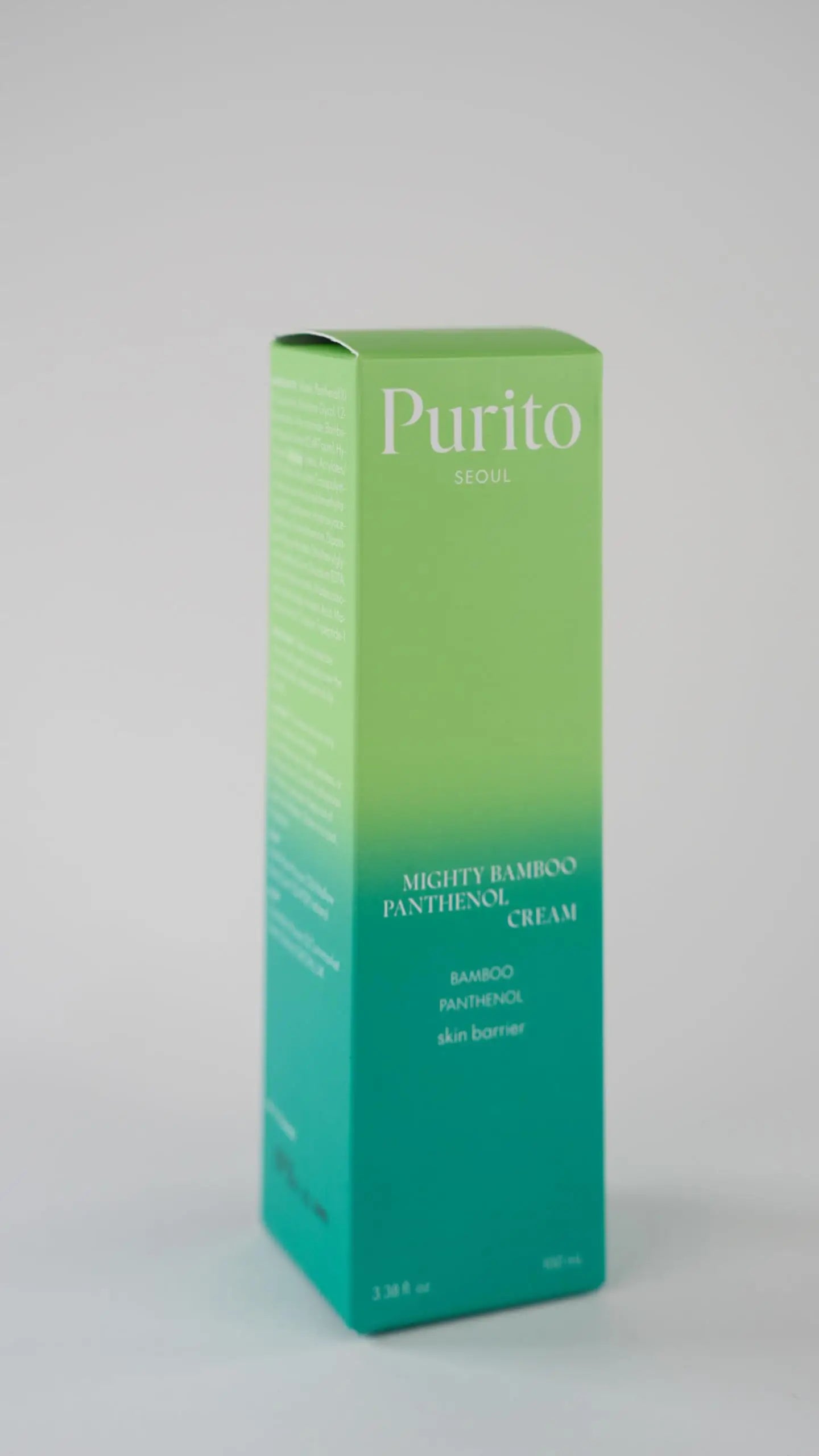 Green and turquoise gradient packaging of PURITO Mighty Bamboo Panthenol Cream 100ml highlighting bamboo and panthenol for skin barrier support