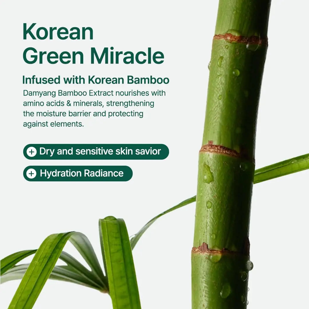 Image showing a close-up of green bamboo with water droplets alongside text highlighting the PURITO Mighty Bamboo Panthenol Cream 100ml as a Korean green miracle infused with bamboo extract for nourishing dry and sensitive skin with hydration and radiance benefits.