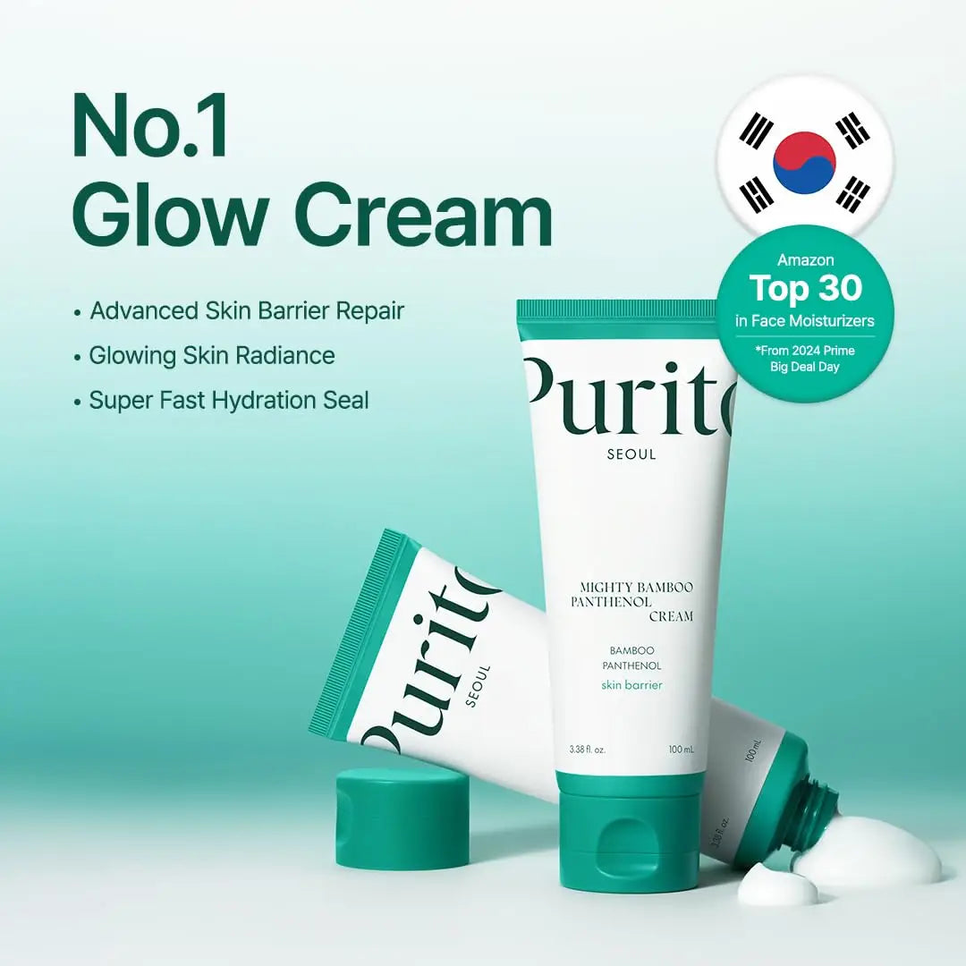 PURITO Mighty Bamboo Panthenol Cream 100ml tubes displayed with product cream, highlighting advanced skin barrier repair, glowing skin radiance, and fast hydration seal as a top Korean facial cream.