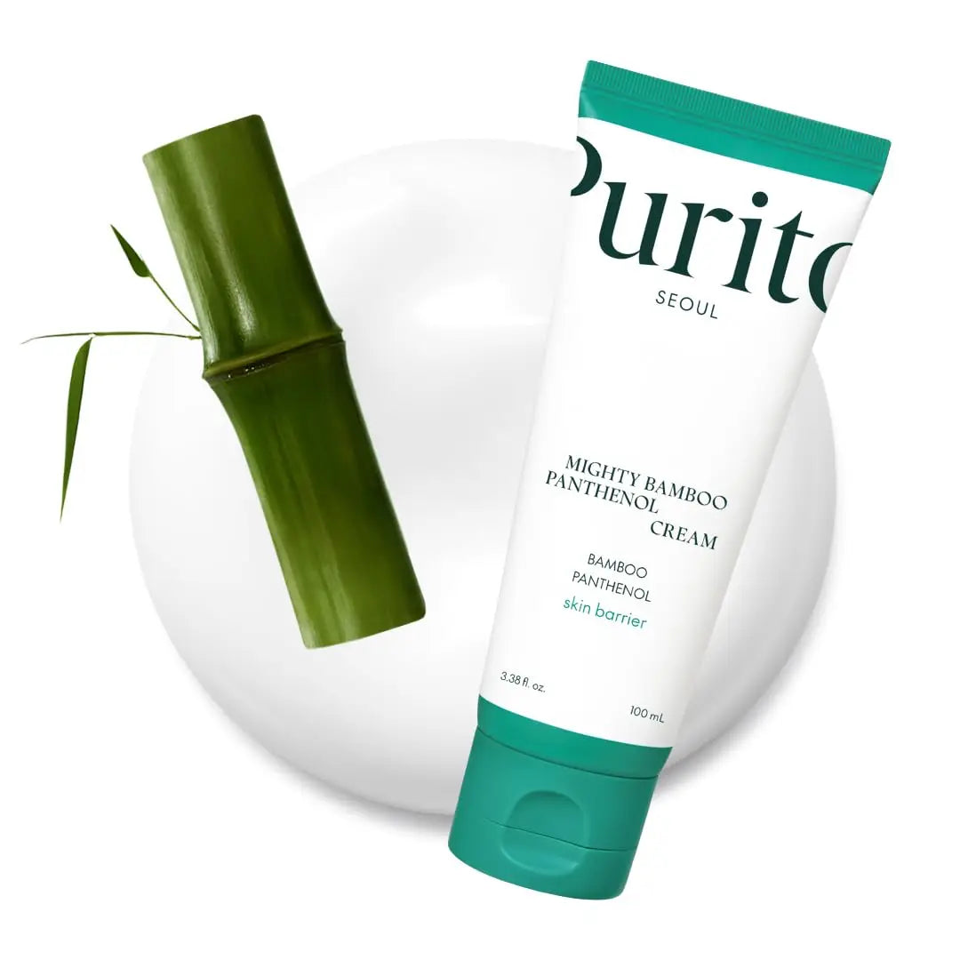 Tube of PURITO Mighty Bamboo Panthenol Cream 100ml with a bamboo stalk on a white creamy background enhancing the natural and soothing skincare appeal.