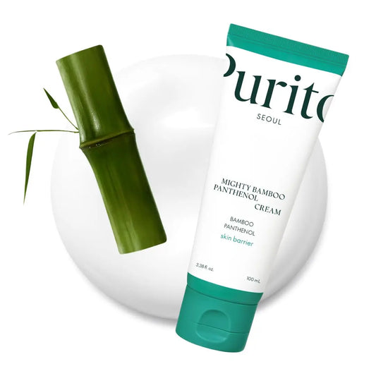 Tube of PURITO Mighty Bamboo Panthenol Cream 100ml with a bamboo stalk on a white creamy background enhancing the natural and soothing skincare appeal.