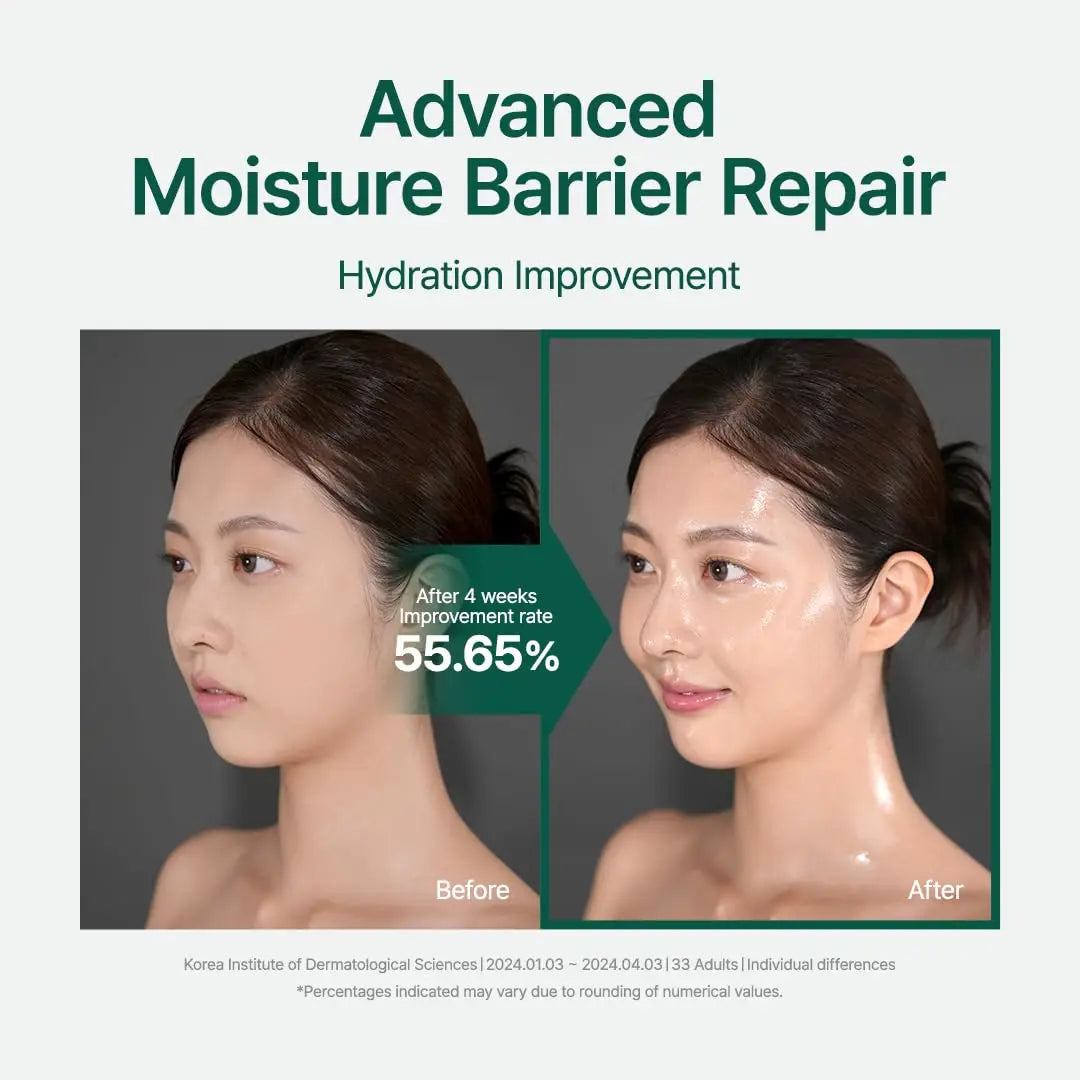 Before and after comparison showing advanced moisture barrier repair and hydration improvement on a woman's face after 4 weeks of using PURITO Mighty Bamboo Panthenol Cream 100ml.