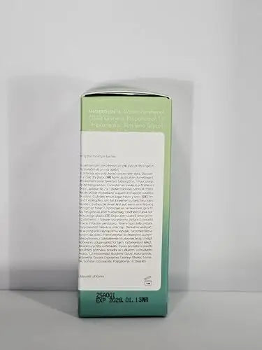 Back view of PURITO Mighty Bamboo Panthenol Serum 30ml packaging with ingredient list and expiration date printed on a green and white box.