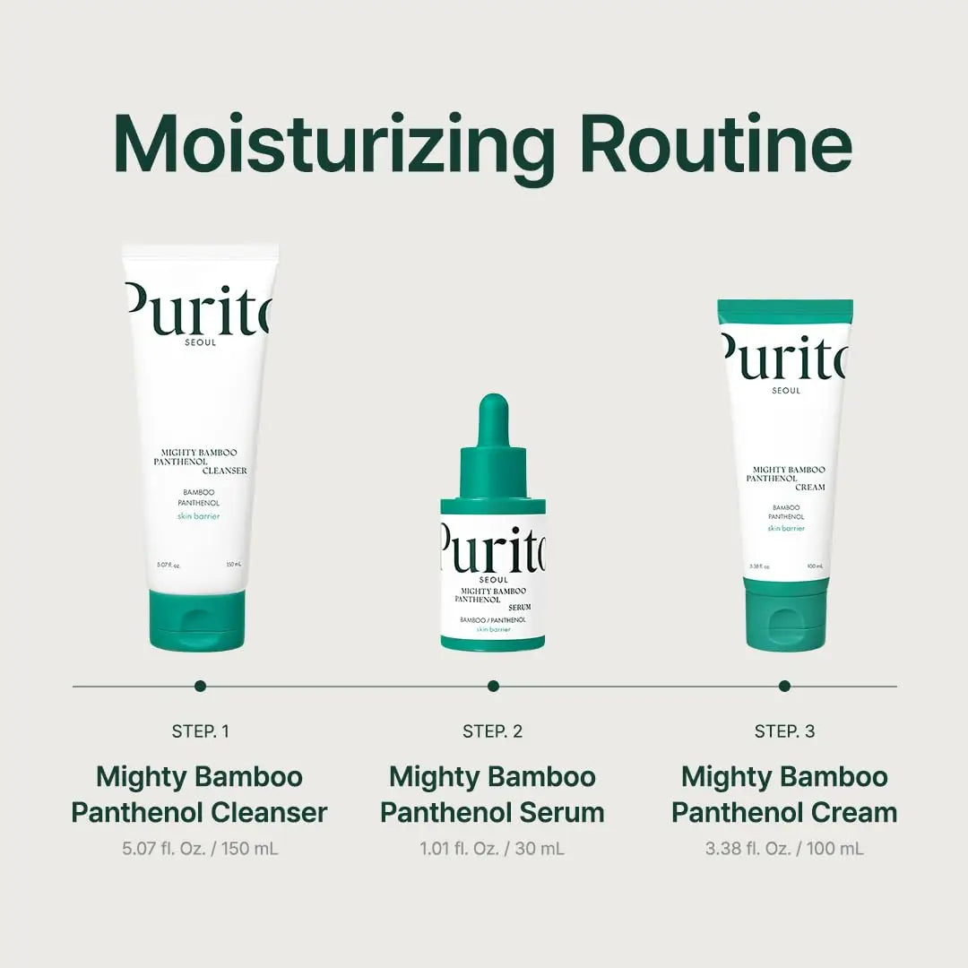Moisturizing routine featuring PURITO Mighty Bamboo Panthenol Serum 30ml with matching cleanser and cream in white and green packaging for skincare steps.